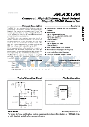 MAX1817EUB datasheet - Compact, High-Efficiency, Dual-Output Step-Up DC-DC Converter