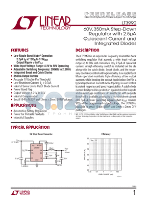 LT3990EDDBTRPBF datasheet - 60V, 350mA Step-Down Regulator with 2.5lA Quiescent Current and Integrated Diodes