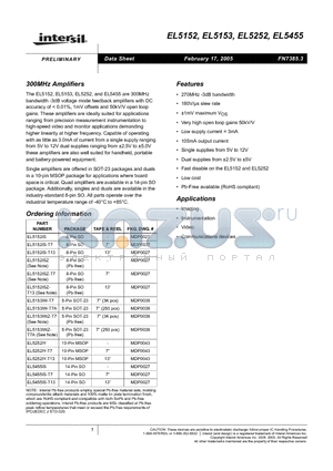 EL5153 datasheet - 300MHz Amplifiers