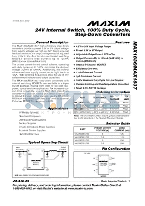 MAX1837EUT50-T datasheet - 24V Internal Switch, 100% Duty Cycle, Step-Down Converters