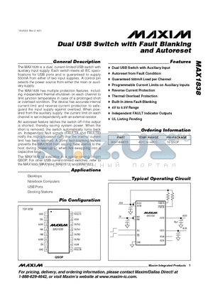 MAX1838 datasheet - Dual USB Switch with Fault Blanking and Autoreset