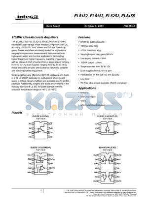 EL5153IW-T7 datasheet - 270MHz Ultra-Accurate Amplifiers