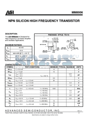 MM8006 datasheet - NPN SILICON HIGH FREQUENCY TRANSISTOR