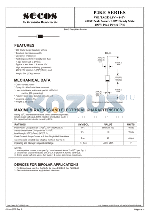 P4KE16 datasheet - 400W Peak Power / 1.0W Steady State 400W Peak Power TVS