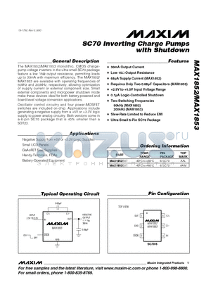 MAX1852 datasheet - SC70 Inverting Charge Pumps with Shutdown