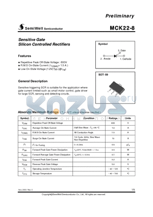 MCK22-8 datasheet - Sensitive Gate Silicon Controlled Rectifiers