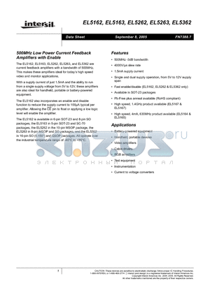 EL5162ISZ-T7 datasheet - 300MHz Low Power Current Feedback Amplifiers with Enable