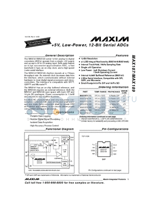 MAX187 datasheet - 5V, Low-Power, 12-Bit Serial ADCs