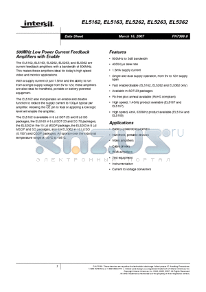 EL5163ICZ-T7 datasheet - 500MHz Low Power Current Feedback Amplifiers with Enable