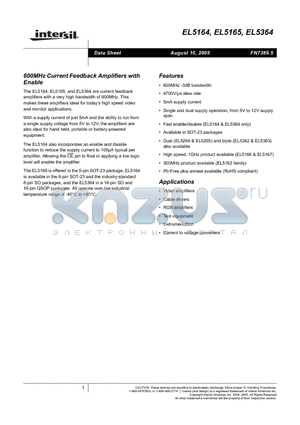 EL5164ISZ-T7 datasheet - 600MHz Current Feedback Amplifiers with Enable