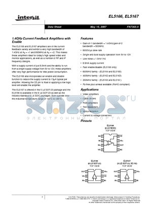 EL5166ISZ datasheet - 1.4GHz Current Feedback Amplifiers with Enable