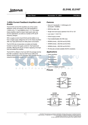 EL5166IS-T7 datasheet - 1.4GHz Current Feedback Amplifiers with Enable