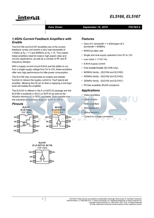 EL5166ISZ-T7 datasheet - 1.4GHz Current Feedback Amplifiers with Enable