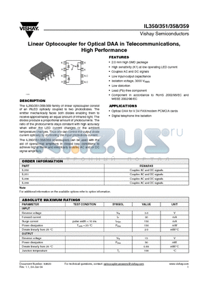 IL350 datasheet - Linear Optocoupler for Optical DAA in Telecommunications, High Performance