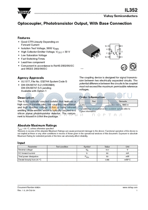 IL352 datasheet - Optocoupler, Phototransistor Output, With Base Connection