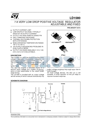 LD1580P2T datasheet - 7 A VERY LOW DROP POSITIVE VOLTAGE REGULATOR ADJUSTABLE AND FIXED