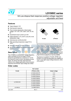 LD1585CD2M15R datasheet - 5A Low dropout fast response positive voltage regulator adjustable and fixed