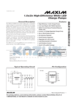 MAX1910 datasheet - 1.5x/2x High-Efficiency White LED Charge Pumps