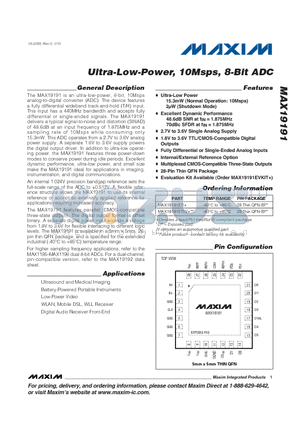 MAX19191 datasheet - Ultra-Low-Power, 10Msps, 8-Bit ADC