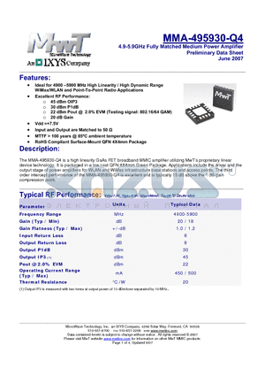 MMA-495930-Q4 datasheet - The MMA-495930-Q4 is a high linearity GaAs FET broadband MMIC amplifier utilizing MwTs proprietary linear device technology.