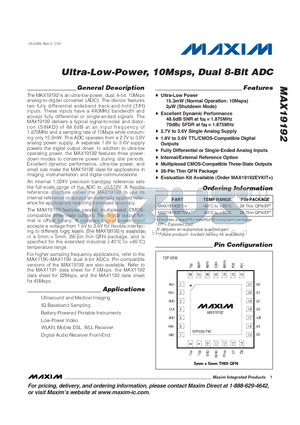 MAX19192 datasheet - Ultra-Low-Power, 10Msps, Dual 8-Bit ADC