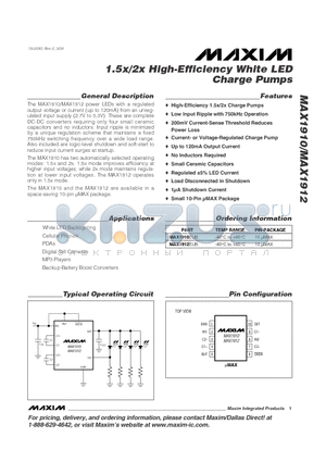 MAX1912 datasheet - 1.5x/2x High-Efficiency White LED Charge Pumps