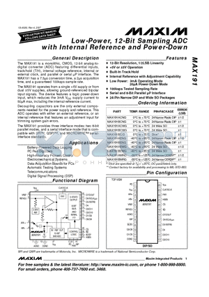 MAX191BC/D datasheet - Low-Power, 12-Bit Sampling ADC with Internal Reference and Power-Down