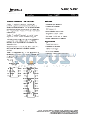 EL5172IS-T13 datasheet - 250MHz Differential Line Receivers