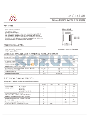 MCL4148 datasheet - SMALL SIGNAL SWITCHING DIODE