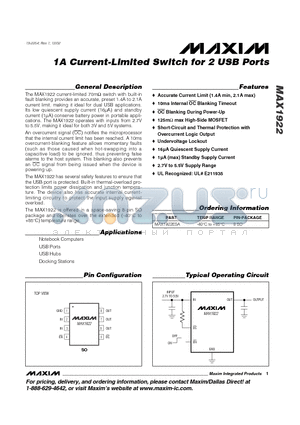 MAX1922 datasheet - 1A Current-Limited Switch for 2 USB Ports