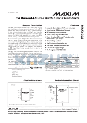MAX1922ESA+ datasheet - 1A Current-Limited Switch for 2 USB Ports