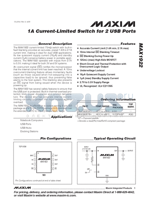 MAX1922_09 datasheet - 1A Current-Limited Switch for 2 USB Ports