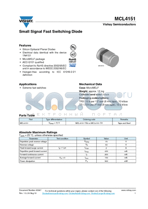 MCL4151 datasheet - Small Signal Fast Switching Diode