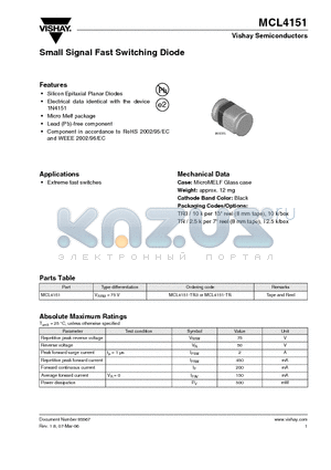 MCL4151-TR datasheet - Small Signal Fast Switching Diode