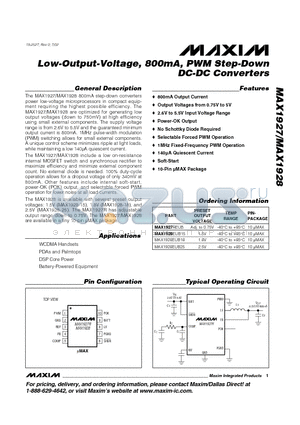 MAX1927-MAX1928 datasheet - Low-Output-Voltage, 800mA, PWM Step-Down DC-DC Converters