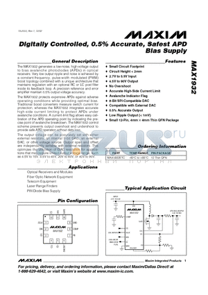 MAX1932ETC datasheet - Digitally Controlled, 0.5% Accurate, Safest APD Bias Supply