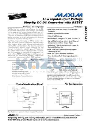 MAX1947 datasheet - Low Input/Output Voltage Step-Up DC-DC Converter with RESET