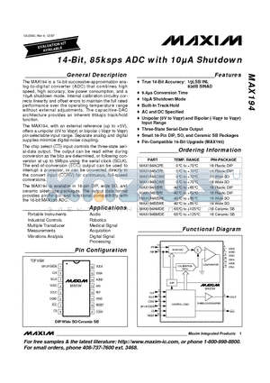 MAX194AEWE datasheet - 14-Bit, 85ksps ADC with 10A Shutdown