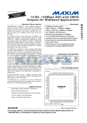 MAX19541 datasheet - 12-Bit, 125Msps ADC with CMOS Outputs for Wideband Applications