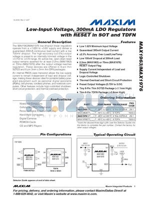 MAX1963 datasheet - Low-Input-Voltage, 300mA LDO Regulators with RESET in SOT and TDFN