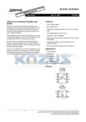 EL5191CSZ-T13 datasheet - 1GHz Current Feedback Amplifier with Enable