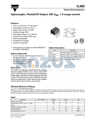IL400-X007 datasheet - Optocoupler, PhotoSCR Output, 400 VRM, 1 A surge current