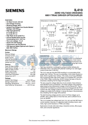 IL410 datasheet - ZERO VOLTAGE CROSSING 600 V TRIAC DRIVER OPTOCOUPLER