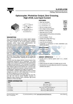 IL410 datasheet - Optocoupler, Phototriac Output, Zero Crossing, High dV/dt, Low Input Current