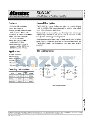 EL5192CW-T13 datasheet - 600MHz Current Feedback Amplifier