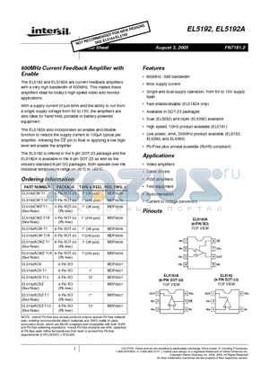 EL5192 datasheet - 600MHz Current Feedback Amplifier with Enable