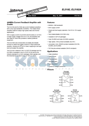 EL5192_07 datasheet - 600MHz Current Feedback Amplifier with Enable