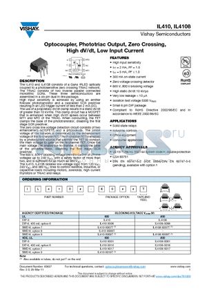 IL410-X008T datasheet - Optocoupler, Phototriac Output, Zero Crossing