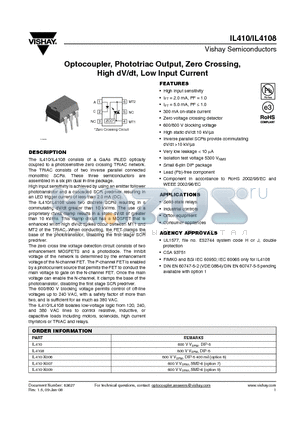 IL410-X009 datasheet - Optocoupler, Phototriac Output, Zero Crossing, High dV/dt, Low Input Current