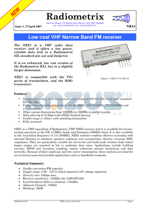 NRX1 datasheet - Low cost VHF Narrow Band FM receiver